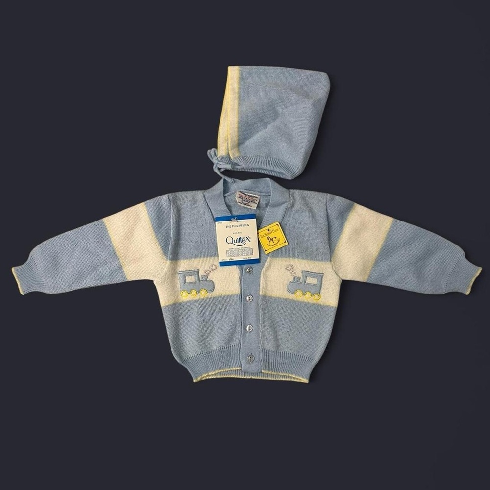 NEW Baby Blue Infant Cardigan Sweater & Bonnet w Embroidered Train by Quiltex